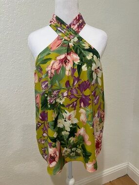 Express Floral Halter Top in Olive Green with Pink & Purple Blooms